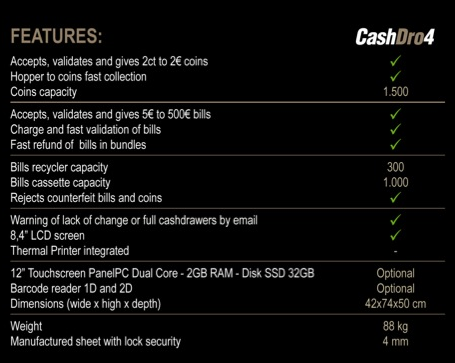 Caractétristiques Monnayeur automatique CashDro 4 Caisse automatique leboncommerce.fr